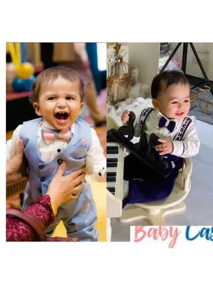 Two handsome boys, two stylish looks. On the left, a classic vest and bow tie set for a party. On the right, a personalized suspender set for a photoshoot. We create versatile outfits for every occasion.