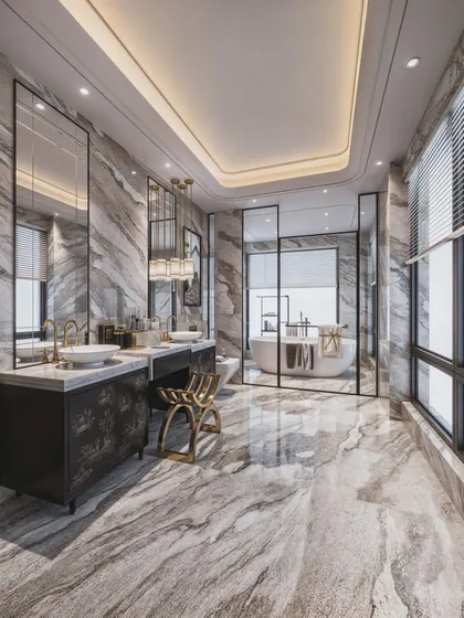 An expansive hotel suite washroom, rendered to showcase the luxurious expanse of marble, the dual vanities, and the separate glass-enclosed wet area.