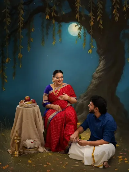 A romantic, moonlit scene under a willow tree. This artistic portrait captures a quiet moment of connection between the couple, surrounded by traditional elements.