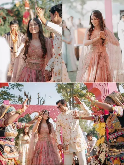 A collage capturing the bride's joyful entry, her dance with traditional Rajasthani performers, and candid moments from the Mehendi ceremony.