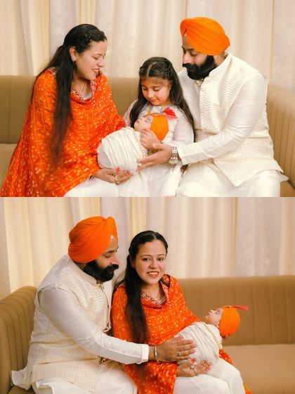A collage showing two precious moments from the newborn session. It highlights both the full family with their new baby and a tender moment with the older sister, telling a story of a growing family.