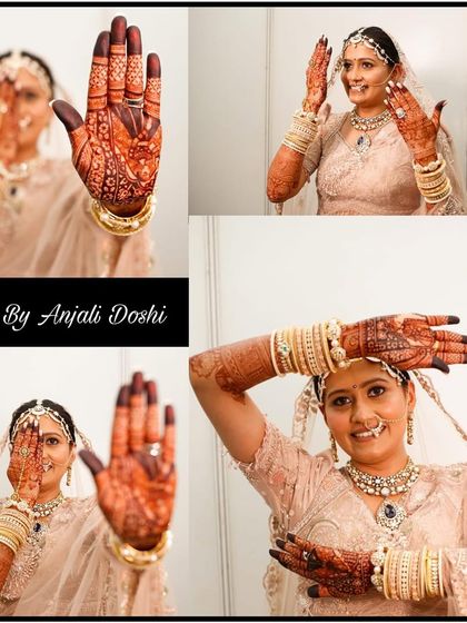 A collage of a beautiful bride in her traditional attire, capturing different poses that highlight her intricate mehendi.