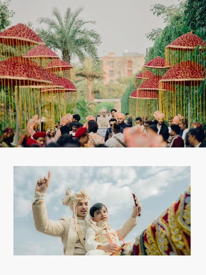 A collage showing the grandeur of the groom's procession, with red umbrellas lining the path, and a sweet moment of him on a horse with a young relative.
