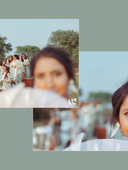 A creative shot focusing on the bride's expression, with her bridesmaids blurred in the background. It tells a story of being surrounded by love and support on your big day.
