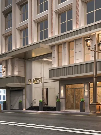 A street-level visualization for a Platinum Corp project, showcasing a facade with classic detailing and elegant street lamps. My work aims to upgrade cityscapes with thoughtful and sophisticated architecture.