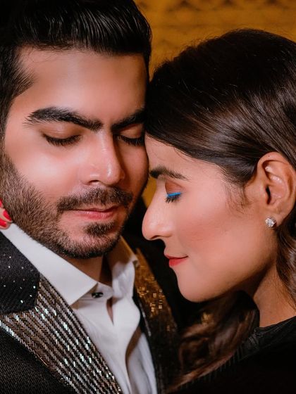 An artistic close-up showing a bold blue winged eyeliner. This demonstrates my ability to create unique and creative looks for pre-wedding shoots.