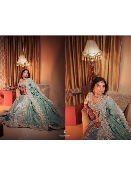 A diptych of the bride in her elegant engagement lehenga, showing her seated in a warmly lit room. These portraits are designed to feel classic and serene.