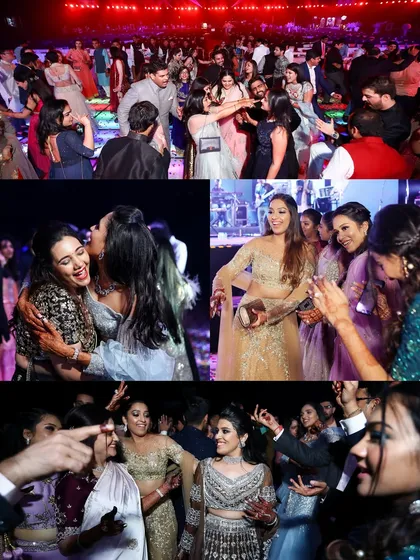 A collage of candid moments from a reception, capturing the laughter, hugs, and pure joy of guests on the dance floor.