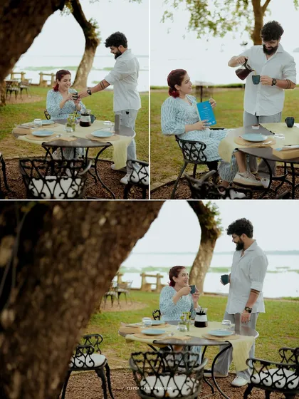 A collection of intimate moments from a pre-wedding session by the Kerala backwaters, capturing their story through shared activities and quiet embraces.