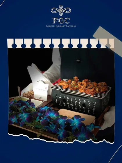 A tray of grilled appetizers served on a miniature Japanese-style grill. This unique presentation adds an element of culinary theatre to our passed appetizer service.