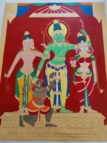 The Ram Darbar painting with most of the base colors applied. You can see the composition coming together as the figures are distinguished by their unique colors.