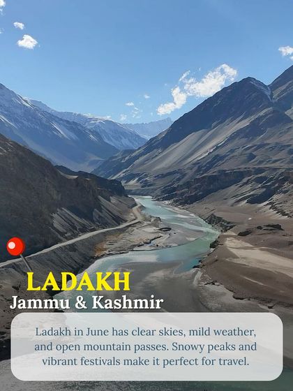 The epic landscapes of Ladakh in June. With clear skies and open mountain passes, it's the ideal time for a road trip to experience the region's vibrant festivals and snowy peaks.