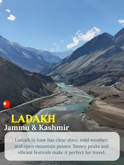 The epic landscapes of Ladakh in June. With clear skies and open mountain passes, it's the ideal time for a road trip to experience the region's vibrant festivals and snowy peaks.