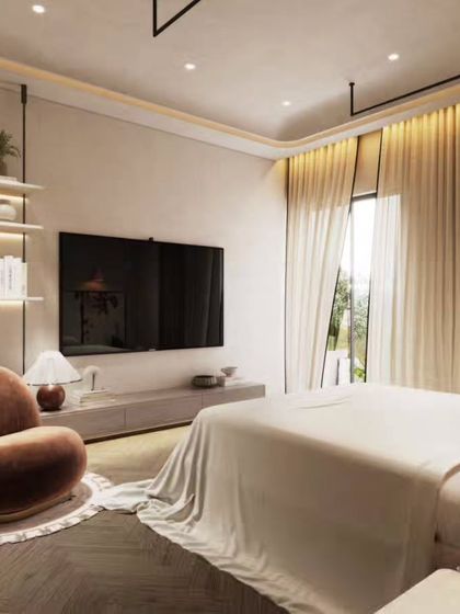 A series of renders for a dreamy, romantic bedroom. We visualized a four-poster bed draped in sheer fabric and fairy lights, creating a soft, ethereal, and inviting atmosphere from multiple angles.