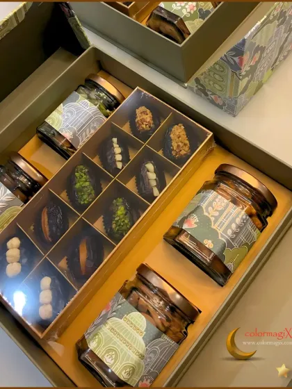 Inside our Eid hamper, you'll find premium stuffed dates and jars of gourmet nuts. The presentation is as delightful as the treats themselves, perfect for sharing blessings with loved ones.