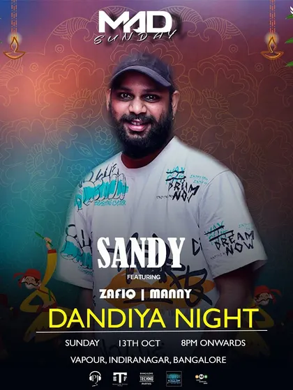 A "Mad Sunday" Dandiya poster featuring DJ Sandy, one of my frequent collaborators.