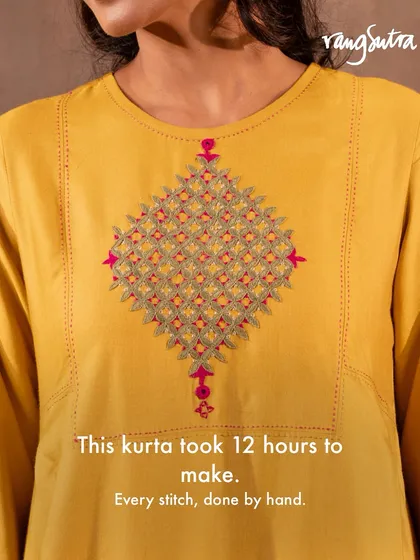The beauty of our clothing lies in the time and skill invested by our artisans. This particular kurta took over 12 hours of meticulous hand embroidery, a testament to the slow, intentional process that makes each garment a piece of wearable art.