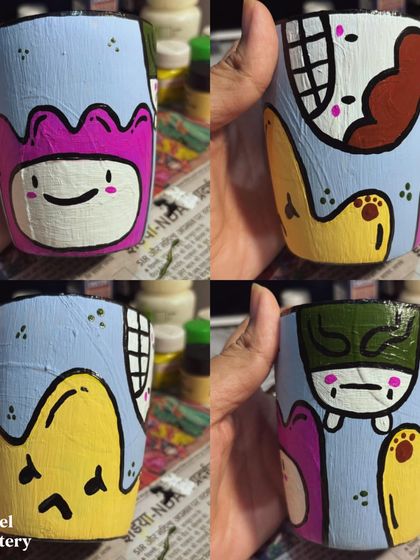 A collage showing different angles of the hand-painted doodle cup. The quirky characters and patterns make it a truly unique piece of functional art.