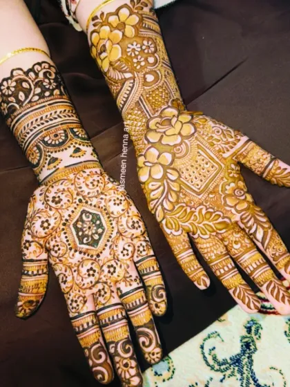 A little mehndi, a little magic, and a lot of love. This is a beautiful example of a party henna design, which is intricate but doesn't provide full coverage like a bridal design.