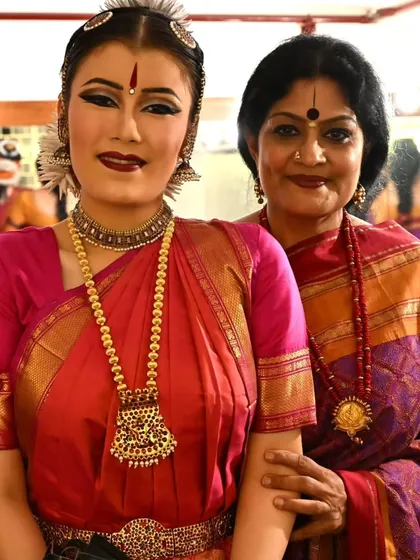 A cherished moment backstage with my student Stuti Mukherjee just before her arangetram. It is a moment of blessing and encouragement, marking the culmination of our shared journey in the guru-shishya parampara.