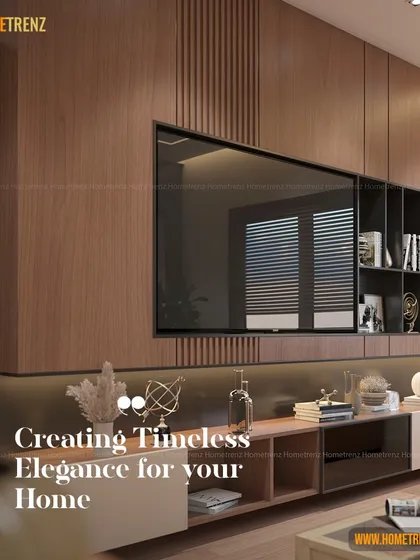 Creating timeless elegance for your home. This full-wall TV unit features a mix of vertical wood slats and a dark, glossy finish, with a low console that provides ample storage.