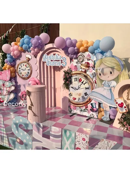 Another view of the detailed and multi-layered Alice in Wonderland stage.