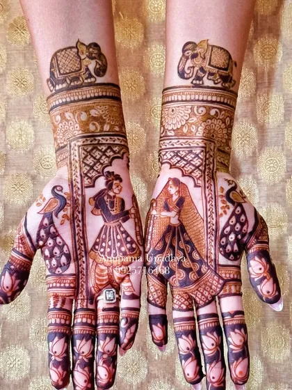 For the bride who loves elegance in simplicity, I created this minimal yet stunning design. It features traditional figures and motifs, completed in just two hours for a sophisticated and beautiful bridal look.