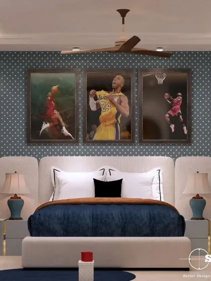 A basketball-themed kid's bedroom. The design incorporates the child's passion with framed jerseys and a themed color palette, while still providing a functional study area and ample storage.