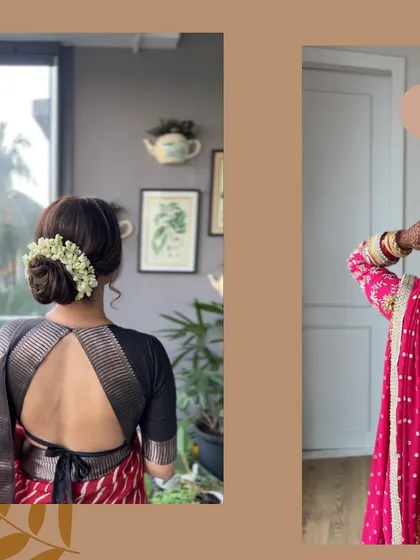 A collage showing two different floral bun styles perfect for Karwa Chauth or other festive occasions, one a full bun and the other a half-updo.