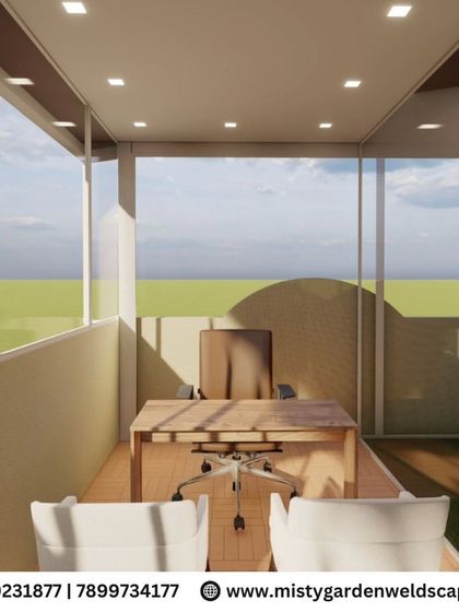 This 3D render showcases a dedicated work-from-home office nook within a glass-enclosed terrace, demonstrating how we can create functional, light-filled workspaces.