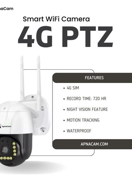 This graphic details the features of my Smart WiFi 4G PTZ camera. It supports a 4G SIM, records for up to 720 hours, and includes motion tracking and night vision in a waterproof body.
