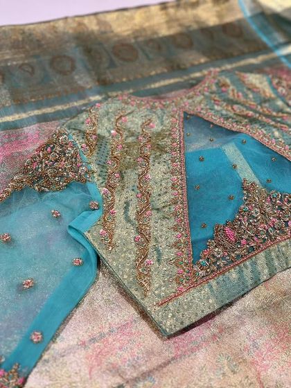 This collection showcases a variety of my custom blouse designs, from pastel engagement pieces to rich Kanjivaram pairings. Each one is uniquely crafted with different handwork techniques, fabrics, and cuts to match my client's vision.