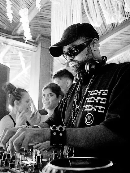 A focused, black and white shot of me during a B2B set with DJ Lion. It captures the concentration required to blend two artists' sounds seamlessly.