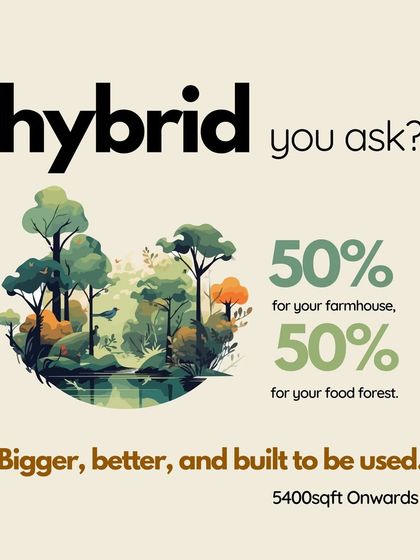 A graphic explaining our "Hybrid" concept: 50% for your farmhouse, 50% for your food forest.