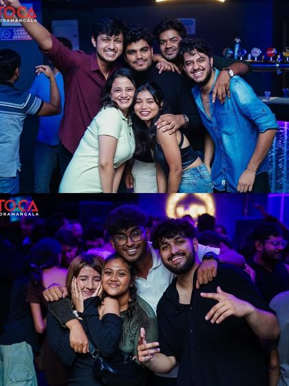 A collage of happy groups of friends at Toca Koramangala.