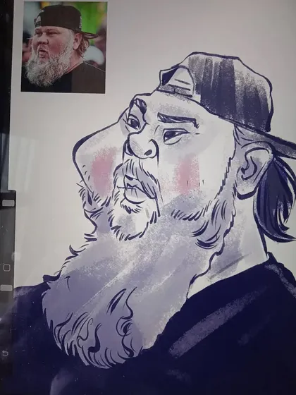 A digital caricature study with a focus on shading and volume, using a limited color palette for a stylized effect.