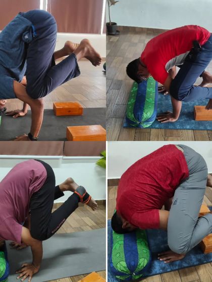 Here are my students using bolsters and blocks to practice a supported Bakasana (Crow Pose). This method helps them get the feeling of the pose while minimizing the fear of falling, allowing them to focus on building strength.