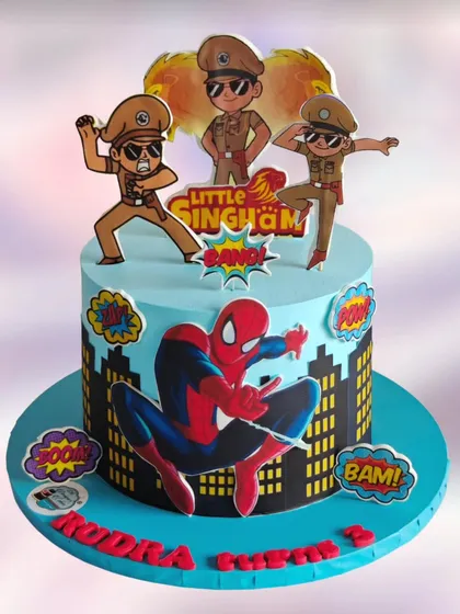 A fun combination of Little Singham and Spider-Man. This cake brings together an Indian superhero with a global icon, perfect for a kid who loves them both.