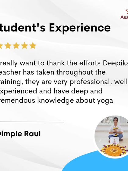 A testimonial from student Dimple Raul, praising the professional, experienced, and knowledgeable teaching at Asan Yoga.