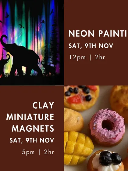More November workshops, including 'Neon Painting' and a fun 'Clay Miniature Magnets' session.
