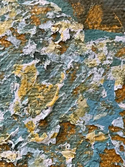 A macro shot of the heavily textured surface of the "Ajanta" painting, which is crucial to the work's theme of age and decay.