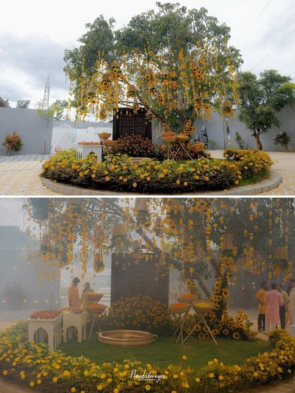 A before-and-after look at the Haldi venue, showing the beautiful transformation with fog and lighting for an evening ceremony.