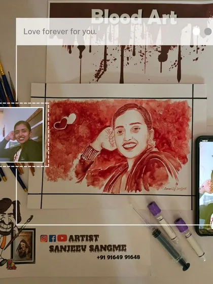 This collage shows two reference photos and the final blood art portrait. It demonstrates my ability to merge different images into a single, cohesive artwork.