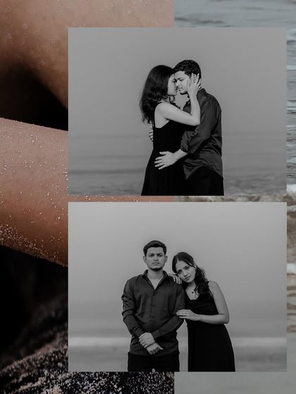 A moody black and white collage from a beach pre-wedding shoot, emphasizing emotion and connection.