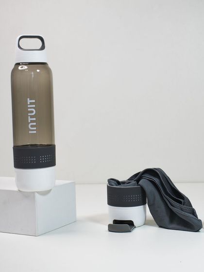 This innovative 2-in-1 bottle for Intuit includes a cooling towel stored in the base and a cap that doubles as a mobile stand. It's a multi-functional gift perfect for active teams.