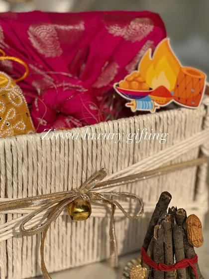 Another angle of the colourful Lohri hamper, showing the miniature bonfire and Lohri sticker, which ties the whole festive theme together perfectly.