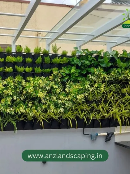 A closer look at the health and vibrancy of our plant selections. This outdoor vertical garden features a mix of textures and shades of green, demonstrating our expertise in creating dense, low-maintenance plant walls that thrive under a covered patio.