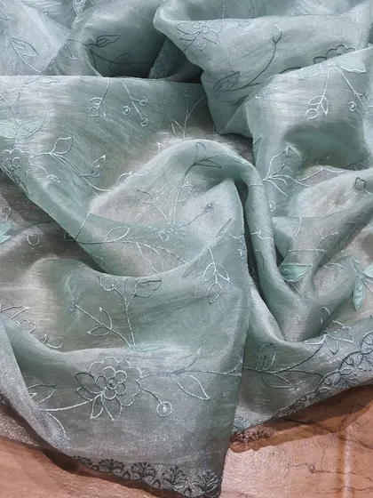 A pastel blue crush tissue saree with intricate tonal embroidery. This saree is the definition of understated elegance, perfect for those who love subtle details.