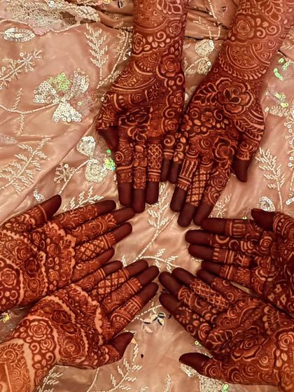 A group of friends showing off their beautiful, matching henna stains. It's so much fun to get mehndi done together.