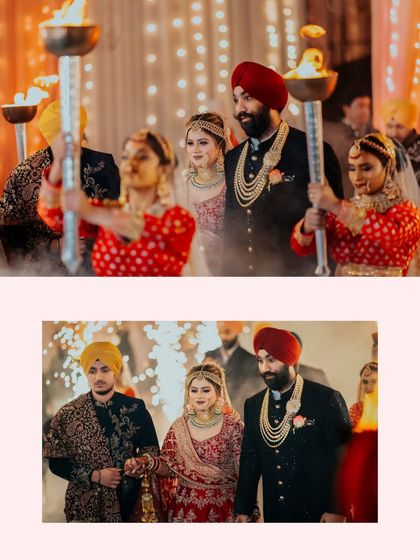 A diptych showing the bride's grand entrance, flanked by performers with torches, a truly cinematic moment.